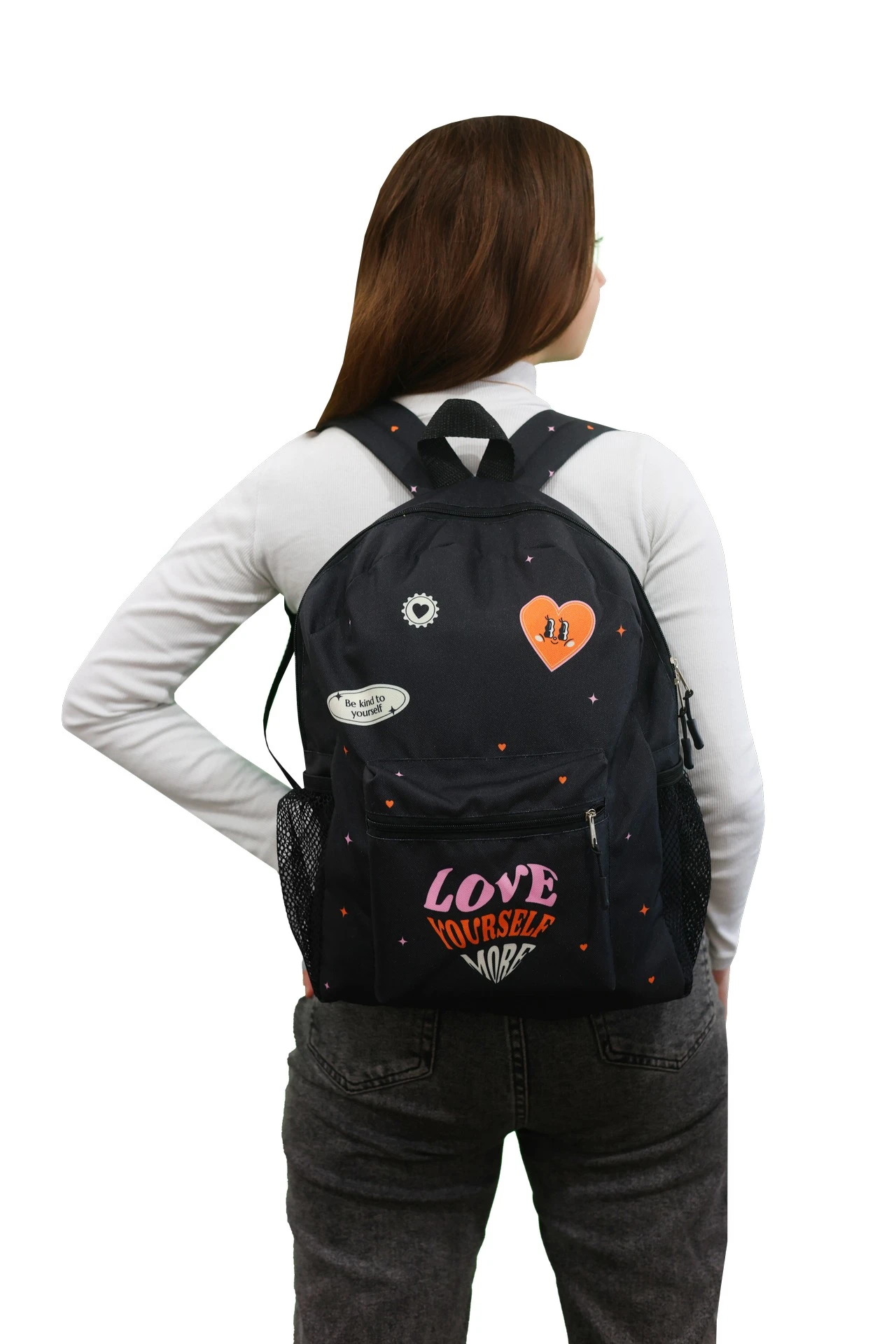 Купить рюкзак Кэрри мягкой формы 41х31х9,5 см, с полной запечаткой "Love Yourself More"