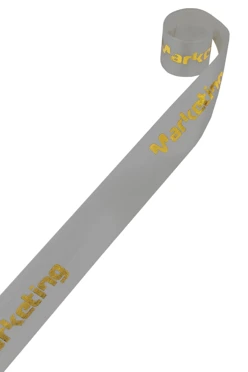 Купить ленту сатин ширина 1,5 см серая, печать золотом с одной стороны