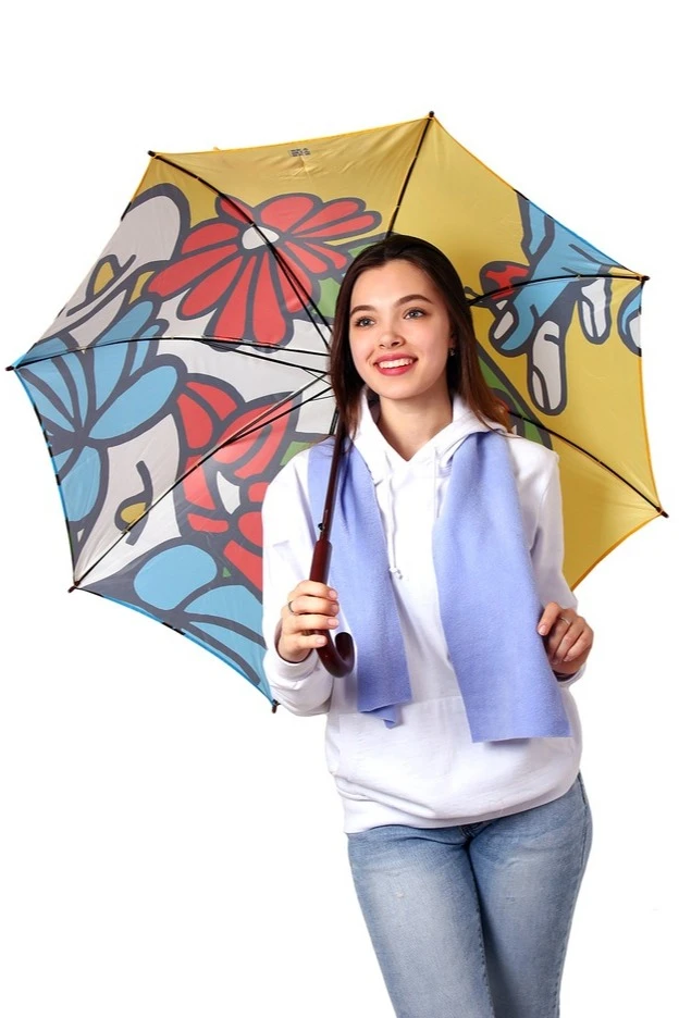 Зонт-трость Мэри с деревянной ручкой однослойный, с полной запечаткой (с совмещением) "Paints"#1