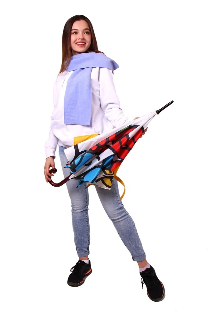 Купить зонт-трость Мэри с деревянной ручкой однослойный, с полной запечаткой (с совмещением) "Краски"