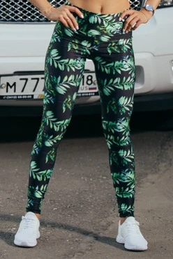 Легинсы женские с широким поясом с принтом "Green Leaves"