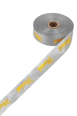 Купить ленту сатин ширина 2,5 см серая, печать золотом с одной стороны