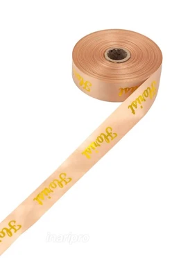 Купить ленту  сатин ширина 2,5 см бежевая, печать золотом с одной сторон